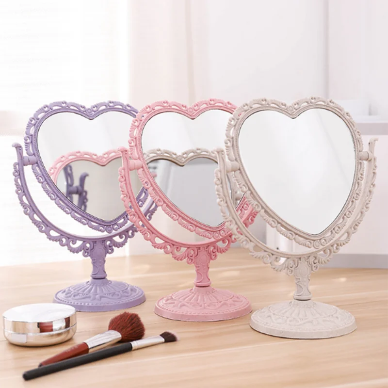 Heart Shaped Makeup Mirror Vintage European Style Acrylic Single Side 360 Degree Swivel Desktop Tools