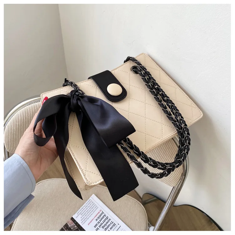 Elegant Square Shoulder Bag For Women With Chain Strap And Ribbons_voghion.com