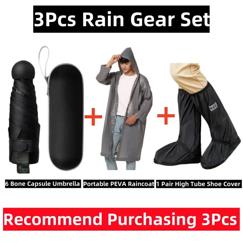 3Pcs Rain Gear Set: Capsule UV Sun Umbrella, Portable PEVA Raincoat, 1 Pair Rainproof and Waterproof High Tube Shoe Cover