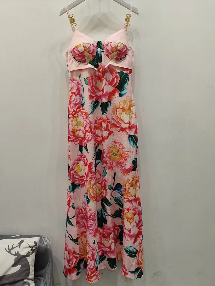 

Летнее платье в стиле ретро, с принтом, с железной пряжкой, на тонких лямках, модное элегантное пляжное платье, платье-жилет без рукавов, юбка.