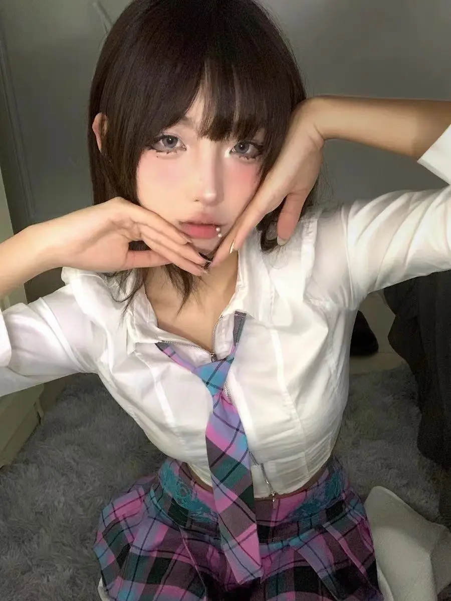 White Short Tie Blouse Plaid Pleated Skirt College Two-Piece Fashion Kawaii Women Slimming Waist Japanese Style Jk Dress