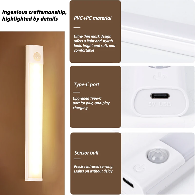 Motion Sensor LED Under Cabinet Lamp Dimmable Rechargeable Night Light Stairs Closet Room Aisle Tube Bar Detector Bulb