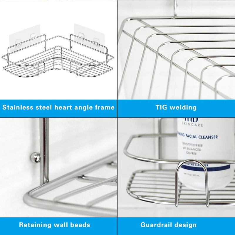 Stainless Steel Triangular Holder Shelf Wall Mounted Adhesive Shampoo Shower Storage Rack Kitchen Bathroom Organizer 4