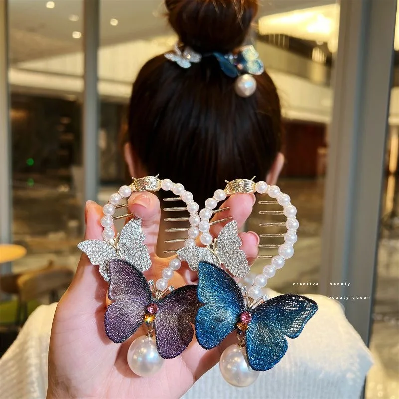 

2023 Rhinestone Butterfly Hairpin Tassel Fixed Plate Hair Artifact Pearl Ponytail Hair Clip Back Head Decorative Hair Accessorie