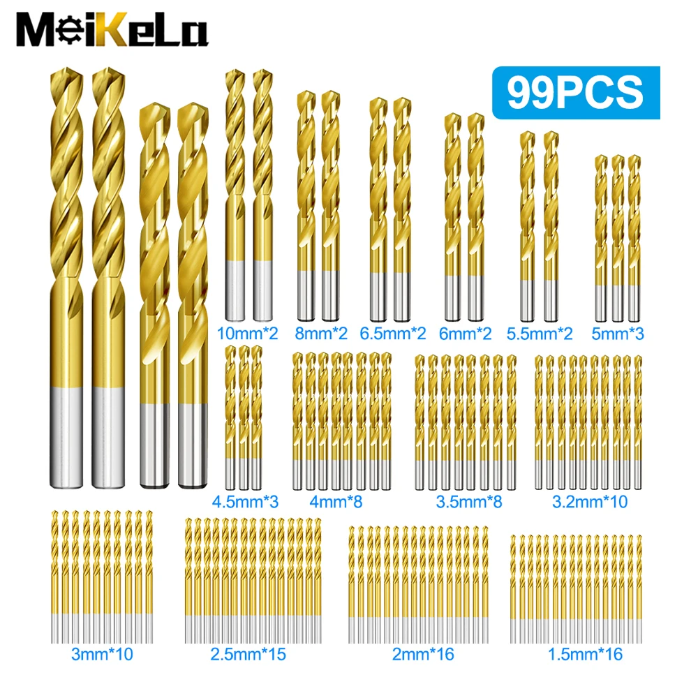 Meikela Twist Drill Bit Set Titanium Coating 1.5 10.0mm For Woodworking