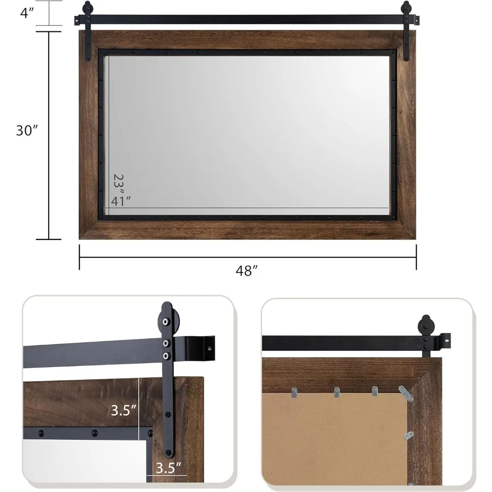 48"x30" Rustic Bathroom Mirror, Wood Frame Wall Mirror, Wooden Mirror for Living Room Bedroom Entryway Wall D&eacute;cor