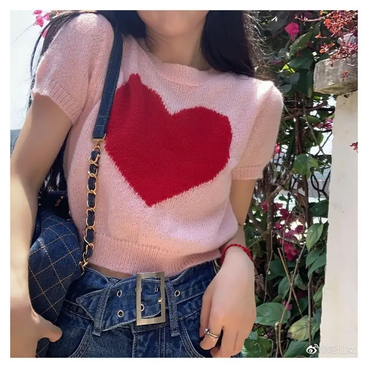 Blusa elegante y juvenil de estilo preppy, blusa de verano para mujer, camiseta de punto dulce, top corto, moda coreana