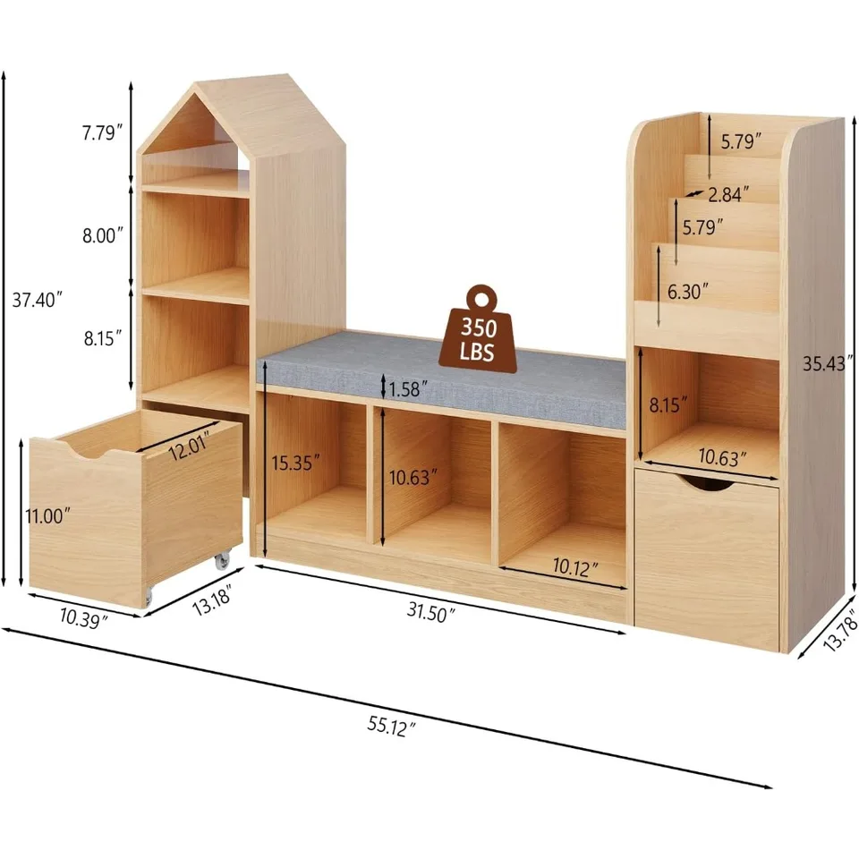 Kids Oak Bookcase with Reading Nook and Storage