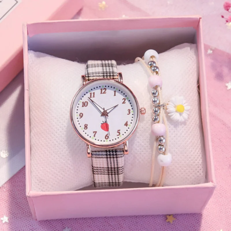 

Sdotter Fashion Plaid Women Watch Set 2Pcs Cute Strawberry Ladies Wristwatch Daisy Flower Bracelet Woman's Leather Quartz Clock