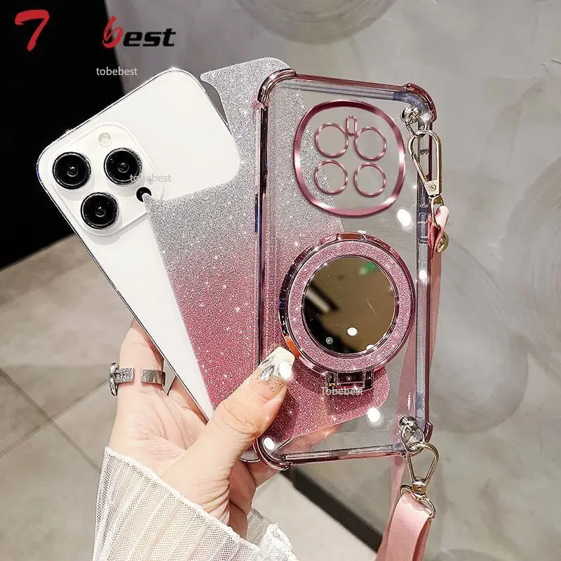 Crossbody Lanyard Shockproof Plating Case with Makeup Mirror Holder