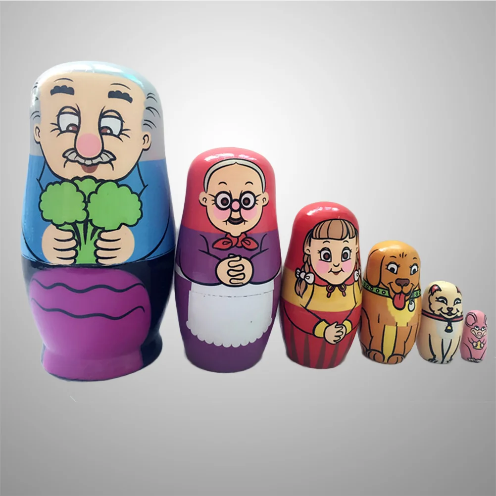 6Pcs Beautiful Handmade Wooden Russia Nesting Dolls Gift Russian Nesting Wishing Dolls Cartoon Matryoshka Toy