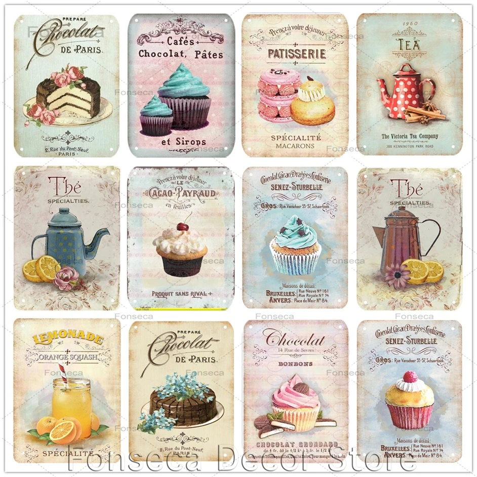 

Vintage Cupcake Tea Pot Metal Signs Kitchen Decor Desset Retro Tin Plates Coffee Shop Decoration Wall Art Metal Plaques