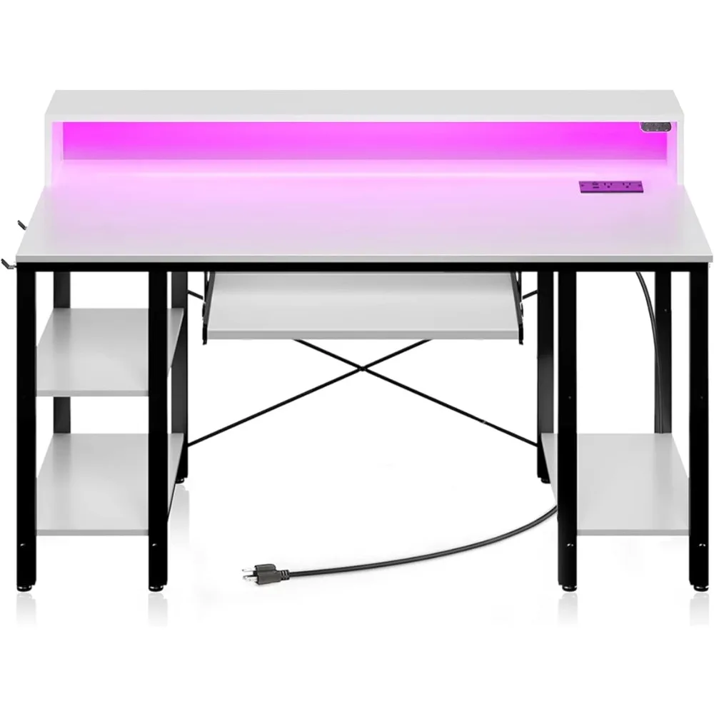 Rolanstar Computer Desk 47 inch LED Lights & Power Outlets, Gaming Desk Storage Shelves, Home Office Desk Keyboard Tray, Writing