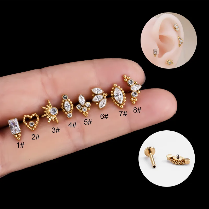 

1PC G23 ASTM F136 Titanium Stud Earring Labret Lip Piercing Jewelry for Women Titanium Steel Zircon Flat Back Cartilage Earrings