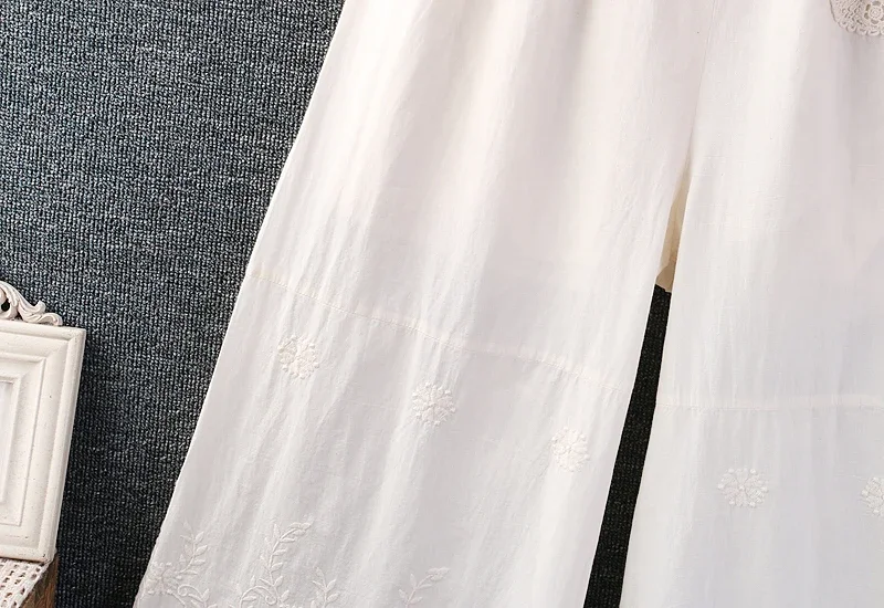 Japanese Wide Leg Pants for Women, Casual Loose Pants, Hollow Out Lace Embroidery, Cotton Linen, Summer and Spring