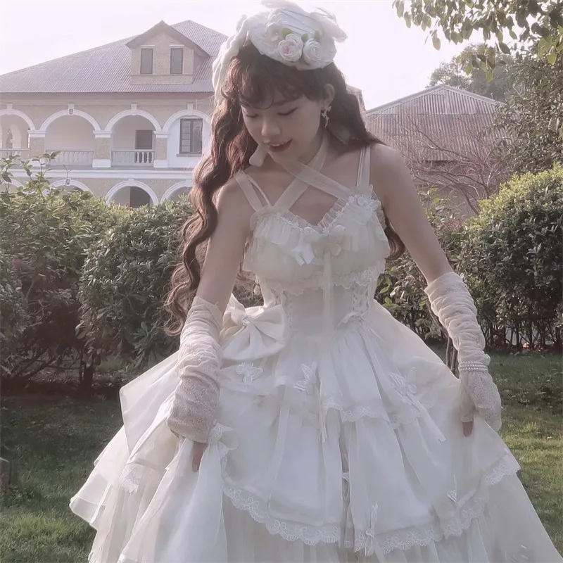 

Kawaii Lolita Jsk Dress Set Kc Bowknot Tail Pannier Flower Wedding Tea Party Lolitas Outfit Three-stage Dress Summer Cosplay