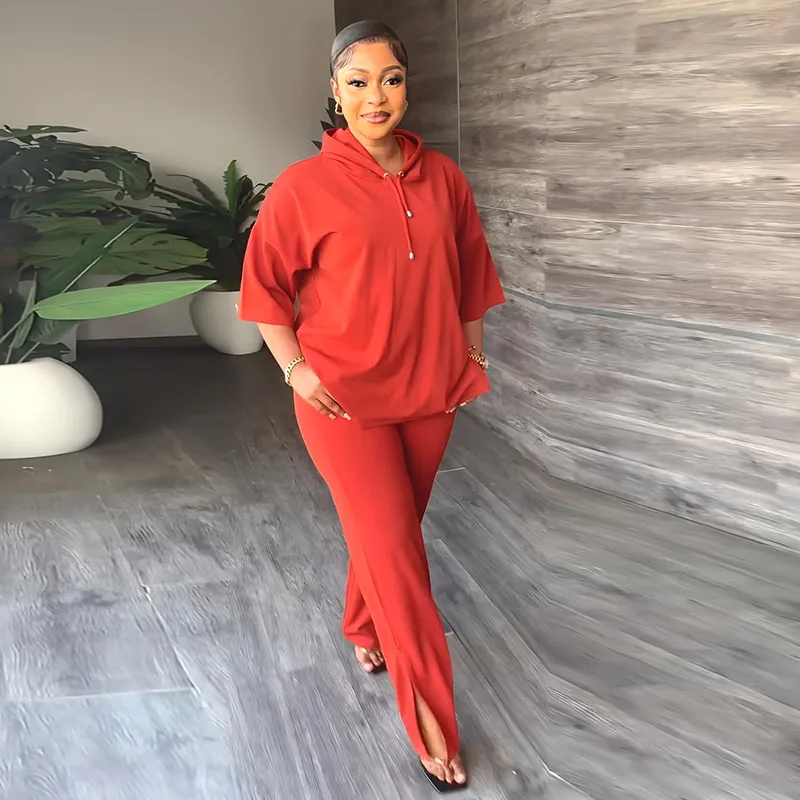 

2 Piece Set Women African Clothes Dashiki Fashion Solid Hoodie Tops + Elastic Fork Pants African Sets For Lady Casual Streetwear