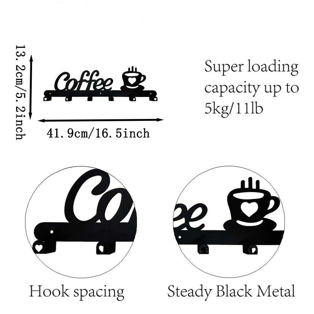 Coffee Mug Holder with 6 Hooks Metal Hanging Coffee Mug Wall Hanger Wall Mounted Coffee Cup Rack for Kitchen Bar Accessories 4
