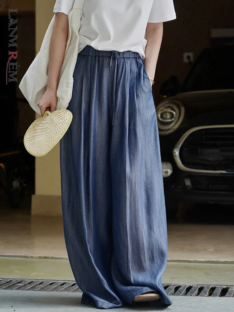 [LANMREM] Fashion Korean Style Wide Leg Pants For Women Elastic High Waist Chiffon Denim Trousers 2024 Summer New 26D8771