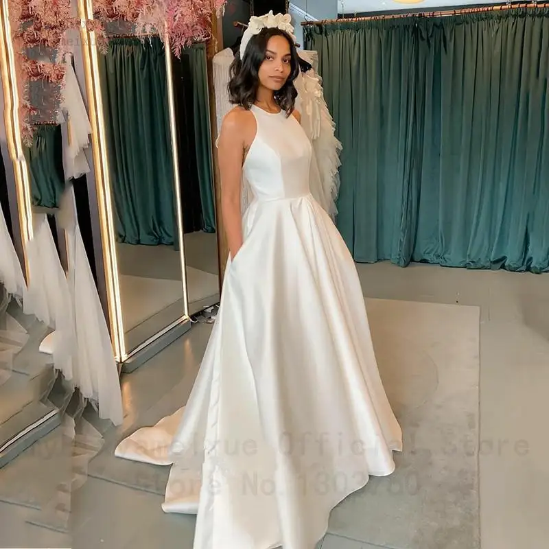 

Sexy Simple Red Long Wedding Dresses 2023 Halter Neck Elegant Satin Backless Boho Bride Gowns Plus Size Robe De Mariee