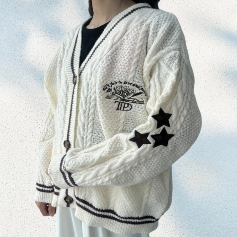 Cute Warm Y2k Knitted ttpd Cardigan Women Oversized Star Embroidery Cardigans Long Sleeve Beige Women Holiday Cardigan 2