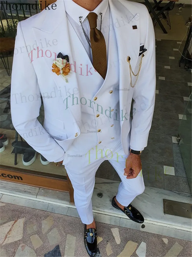 

Thorndike Tailor Made Terno Masculino (Blazer+Pants+Vest) 3 Pcs New White Men's Suit Peak Lapel Slim Fit Casual Tuxedos Groom