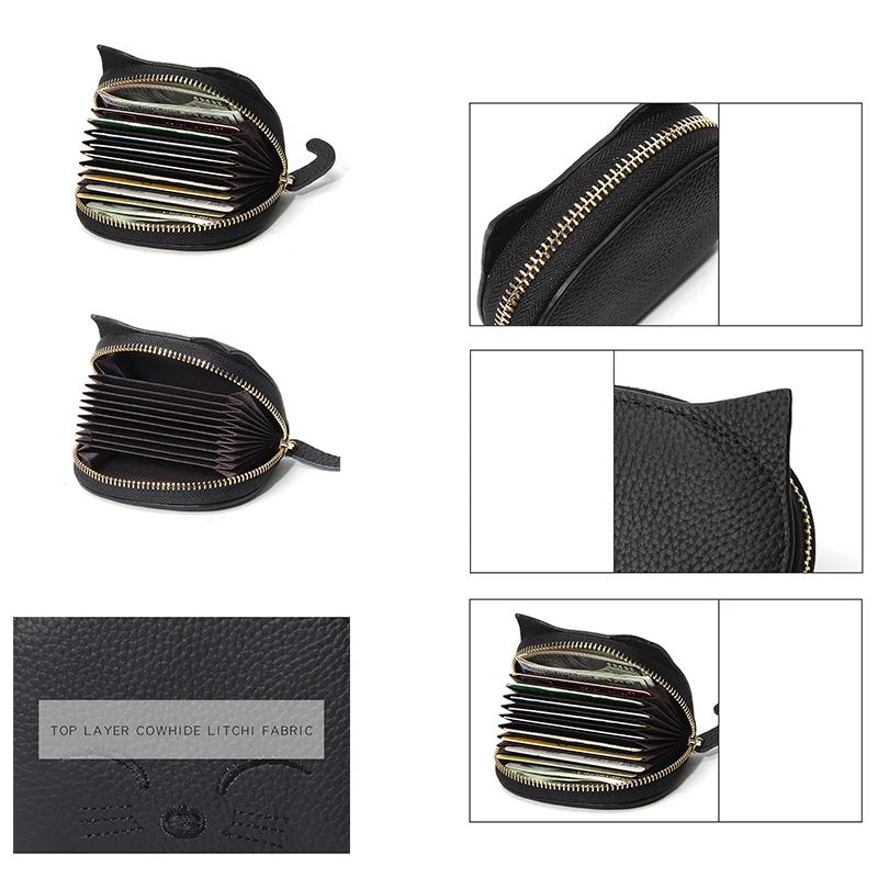 Credit Card Holder for Women Cute Small Ladies Cat Girls Female Genuine Leather Cardholder Wallets 2024 New Card Bag