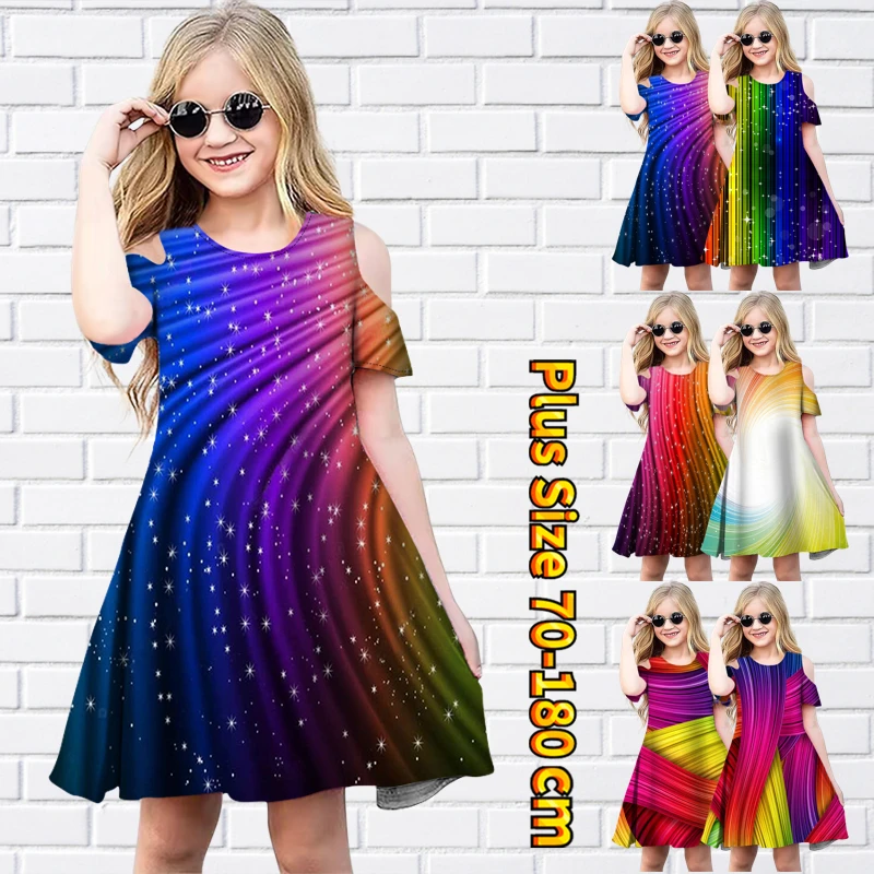 

Летнее модное платье принцессы с круглым вырезом и открытыми плечами, новинка 2023, дизайнерская юбка с коротким рукавом и принтом для маленьких девочек