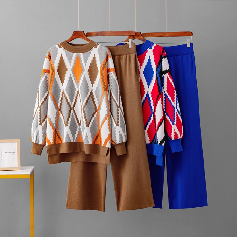 

Women Lozenge Sweater Knitted Two Piece Matching Sets Winter Loose Trousers Suit Casual Long Sleeve Top Wide Leg Pants Outfits