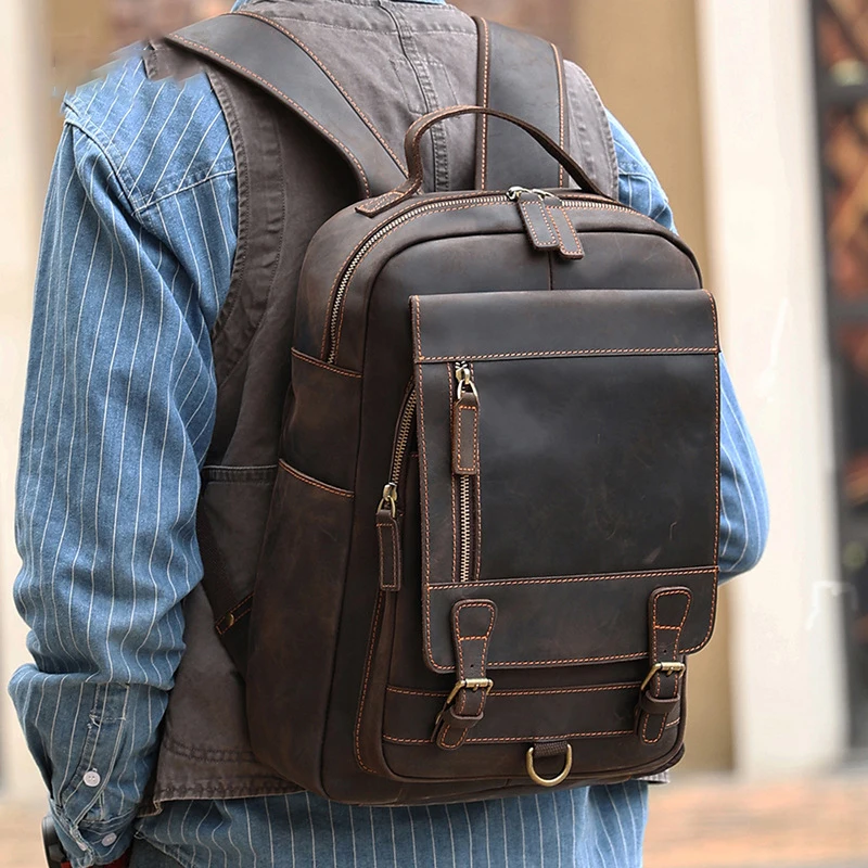 Men's Crazy Horse Skin Business Computer Backpack Outdoor Travel Bag Vintage Men's Genuine Leather Backpack High-capacity