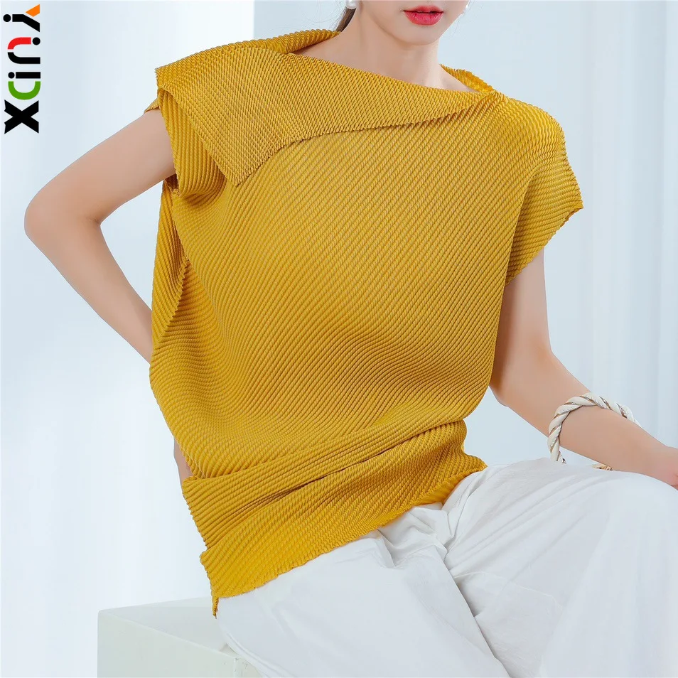 

Miyake Pleated Slim Short-sleeved Temperament Blouse Female Solid Printing Casual Japan Korea Women's T-shirt 2024 Summer New