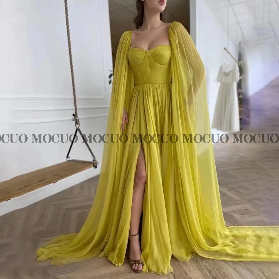 

Yellow Long Cape Sleeves Chiffon Bohemian Prom Dresses 2922 Backless Vintage Square Neck Side Split Party Gowns Plus Size