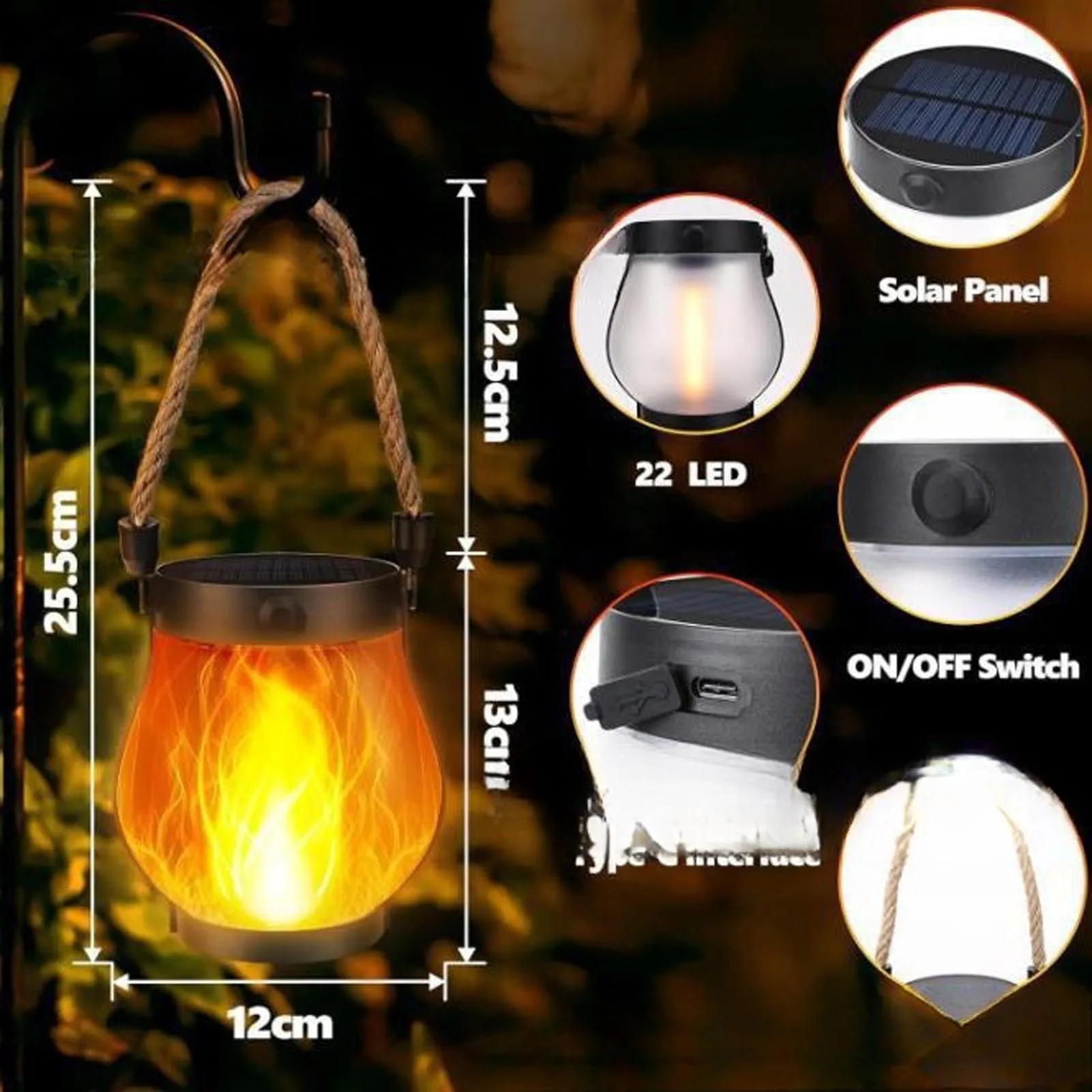 2pcs Solar Lantern Outdoor Lights Solar Powered USB Rechargeable Outdoor Lanterns with Realistic Flickering Fire Hemp Rope Desig