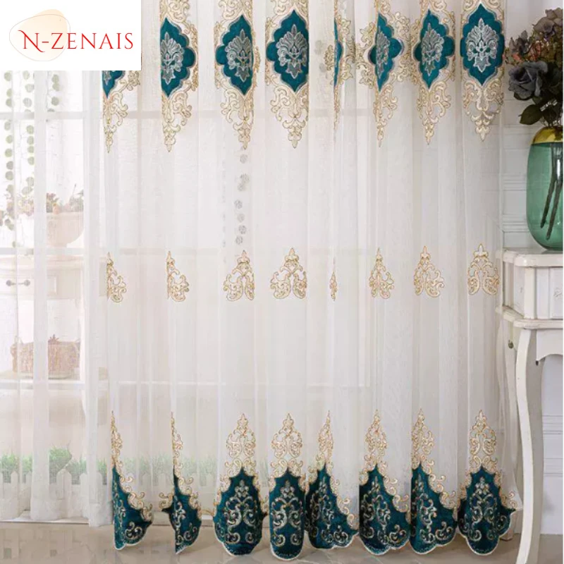 

European Green Embroidered Tulle Sheer Curtains for Living Room Bedroom Luxury Window Screen Drape Voile Door Kitchen Sale