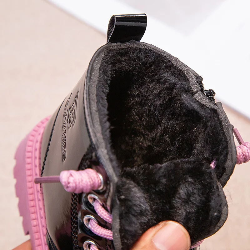 Mädchen-Stiefel, Schnür-Winter-Stiefeletten für kleine Mädchen, Plüsch-Schneestiefel, wasserdichte, rutschfeste Winterschuhe_voghion.com