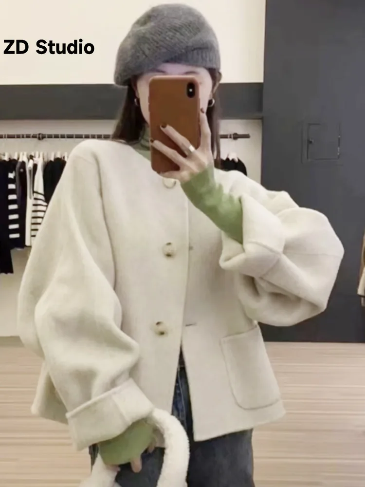

[ZD Studio] Solid Wool Coat Fashion High End Round Neck Long Sleeves Single Breasted Coats Female Clothing 2023 New 2YA1165