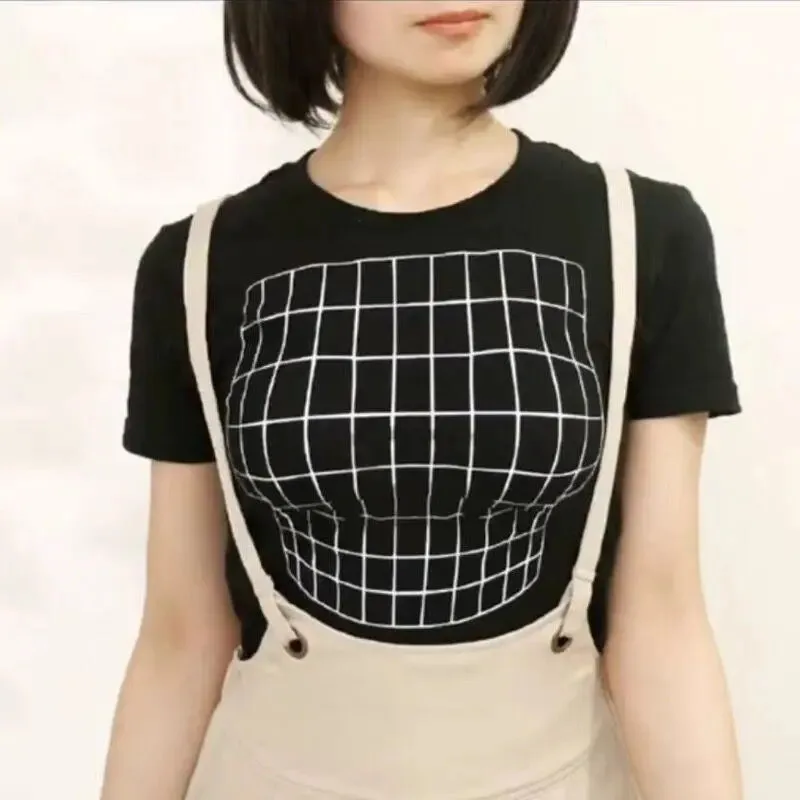 

SKMY Funny Printed 3D Plaid Illusion Flat Chest To Big Chest Short Sleeve Round Neck T-shirt Female Summer Clothes For Women