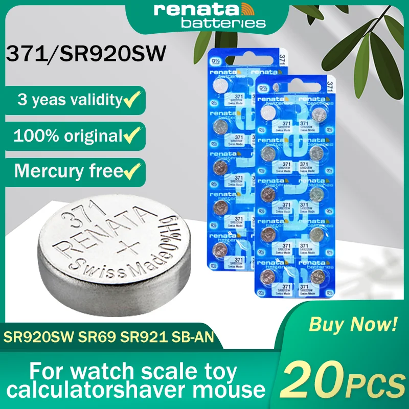 20pcs Renata 371 Sr920sw Ag6 Lr920 Lr69 920 1.55v Silver Oxide Watch ...