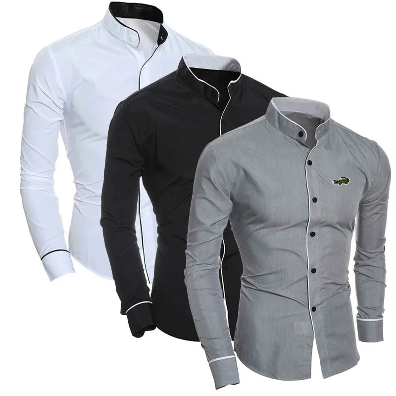 

Simple Stand Collar Men's Shirt Solid Long Sleeve Autumn T Shirt For Men Cardigans Tops Plus Size Slim Casual Undershirt T-shirt