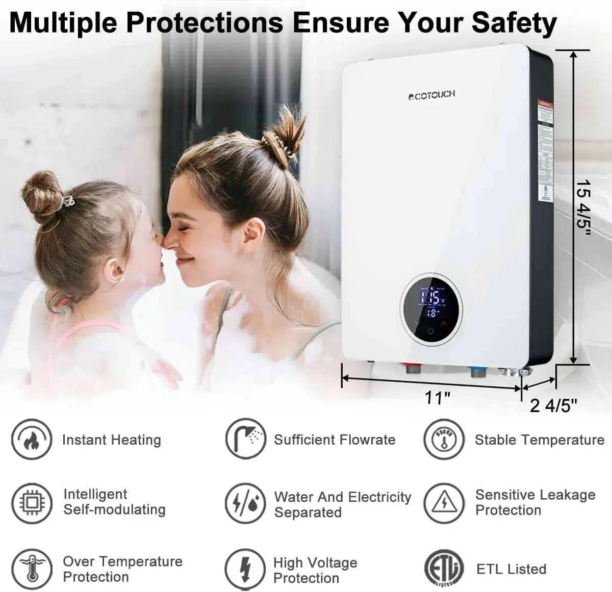 Water Heater Electric, ECOTOUCH 14kW 240V on Demand Electric Water Heater Instant Hot Under Sink Point of