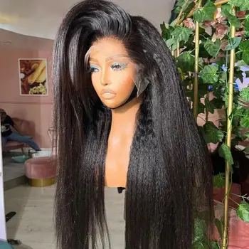 Yaki Kinky Straight Soft Black Color Synthetic 13X4X1 HD Lace Frontal Wig For Women Prepucked With Baby Hair Glueless Wig Party