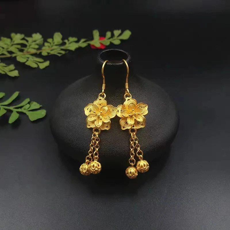 Chinese Style Handmade Filigree Flowers 999 Silver Gilding Tassel Earrings for Women Antique Hanfu Wedding Bride Jewelry Gift