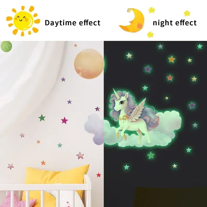 Cartoon Fantasy Unicorn Clouds Moon Stars Luminous Stickers Home Kid's Bedroom Self-adhesive Decorative Wall Stickers Decal