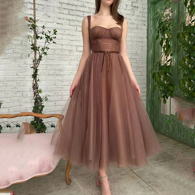 

Dark Brown Tulle Prom Dress Beaded Straps Tea Long Prom Dress Pocket Formal Party Dress Custom Vestidos De Fiesta