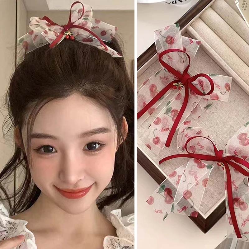 

Pearls Cherry Bow Headwear Women Cute Sweet Hair Accessories Girls Lace Red Plaid INS Clips Hairpins Cherry Hair Clips