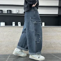 ربيع الخريف الاطفال فضفاض مستقيم فضفاض البضائع الجينز مع جيب لصبي التصميم الكلاسيكي الأزرق الدنيم السراويل الأطفال بناطيل كاجوال 3
