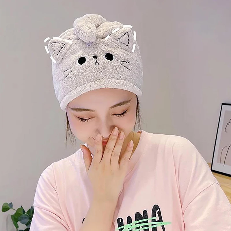 Cat Hair Cap Coral Fleece Hair Towel Long Hair Quick Dry Hat Bath Towel Strong Water Absorbent Women Wrap Wiping Hair Towel