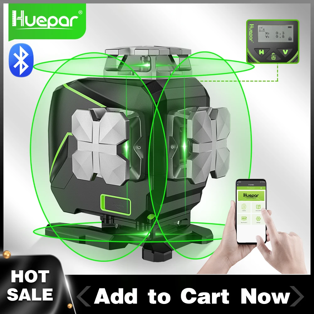 Huepar 16 Linee 4D Livello Laser Autolivellante Cross Line Laser Con Schermo Lcd Telecomando Bluetooth Piastrellatura Pavimento Senza Staffa