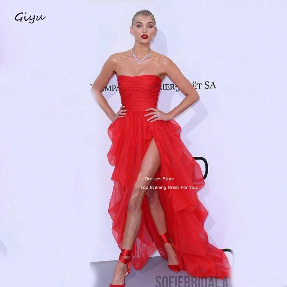 

Giyu Red Tulle Evening Dresses High Side Slit Party Dress 2024 Formal Women Celebrity Sleeveless Elegant Tiered Graduation