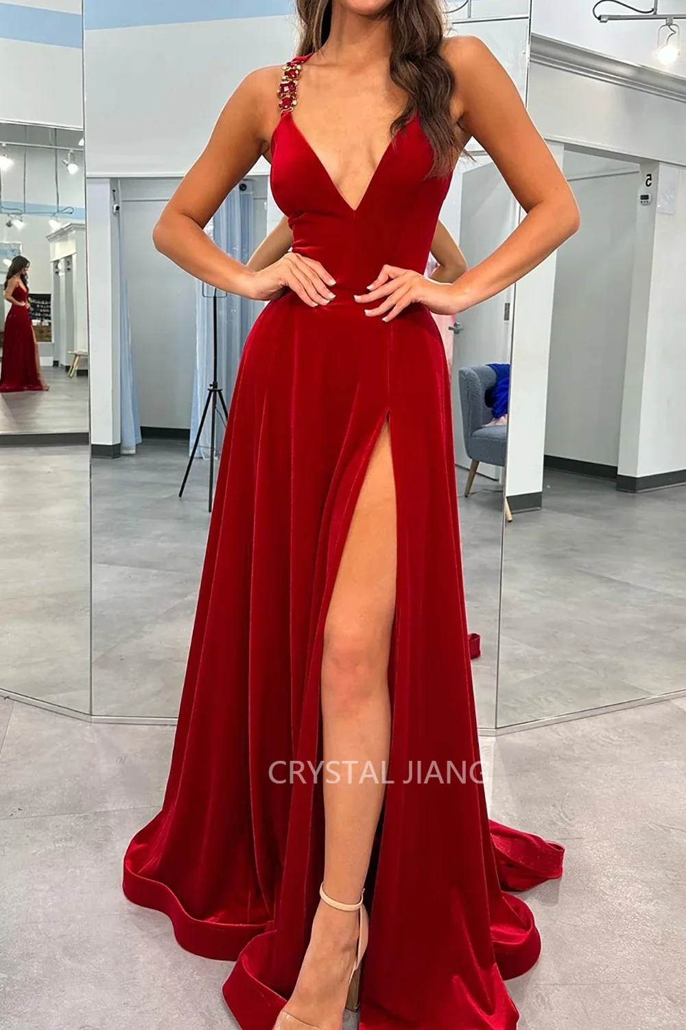 

Sexy Long Spaghetti Straps Satin Prom Dresses Sleeveless with Slit A Line Sweep Train שמלות נשף Formal Occasion Dress